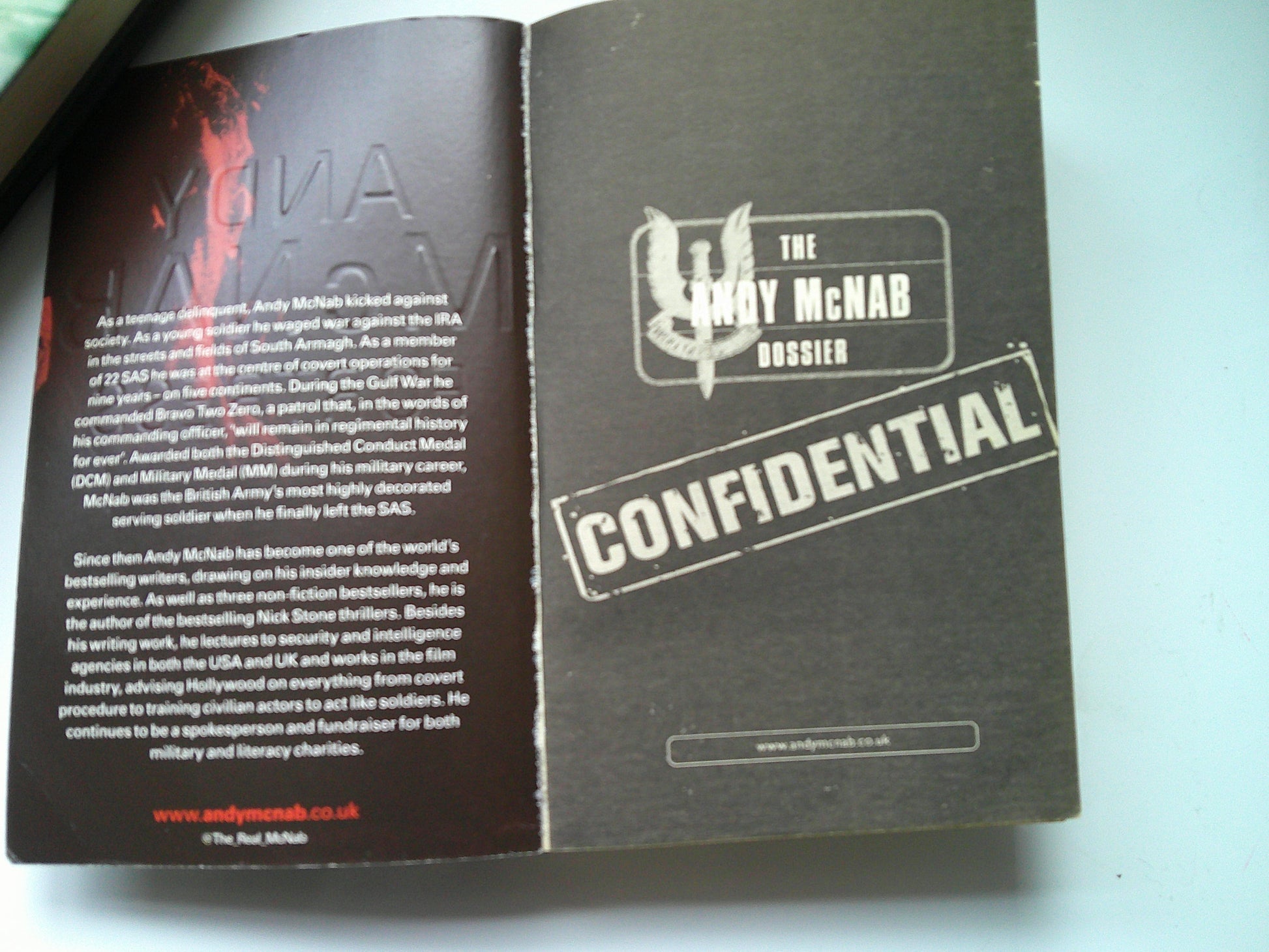 Inside cover of Andy McNab The Fortress book with a description of the author and his SAS background