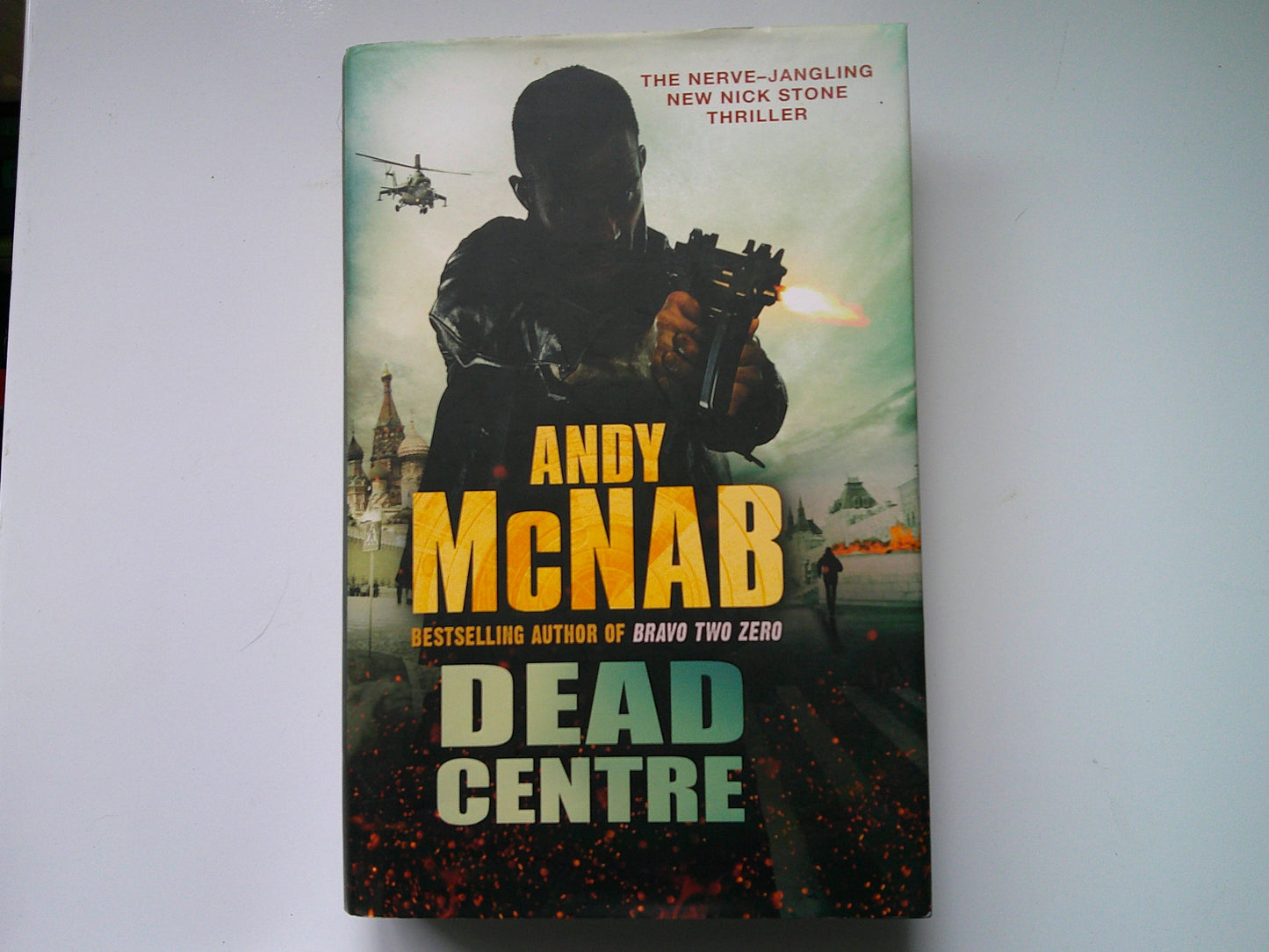 Used Andy McNab thriller Dead Centre featuring an action-packed cover with a soldier and helicopter