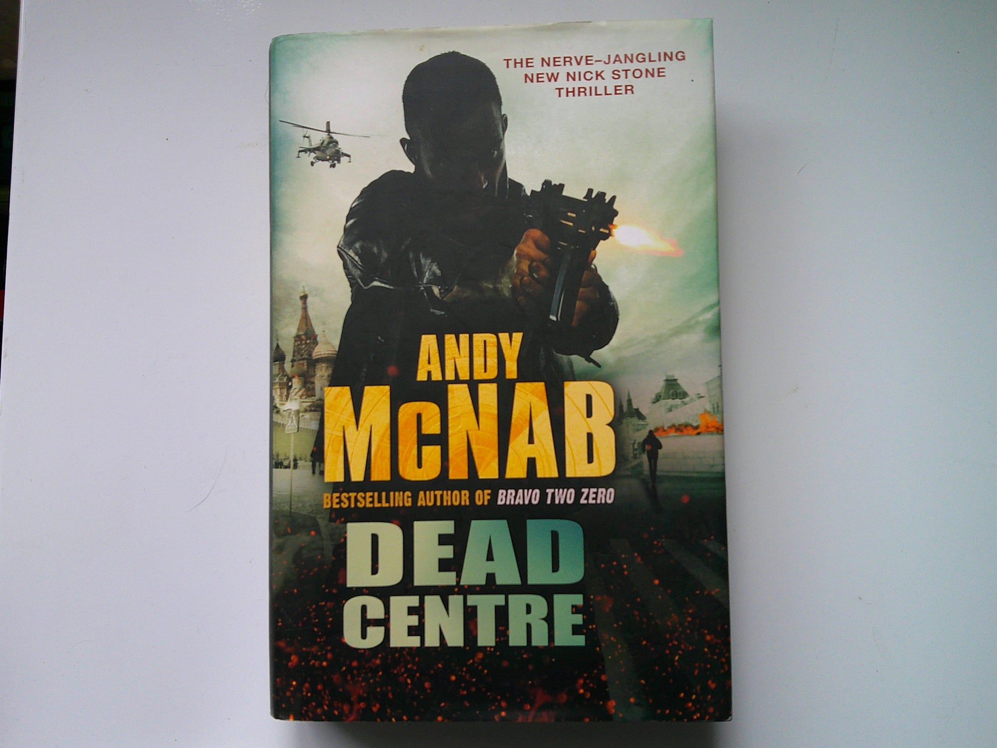 Used Andy McNab thriller Dead Centre featuring an action-packed cover with a soldier and helicopter