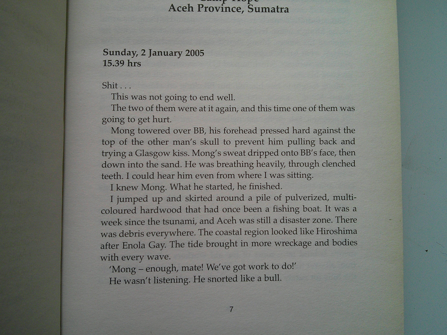 Page from used Andy McNab thriller set in Aceh Province, Sumatra detailing intense events