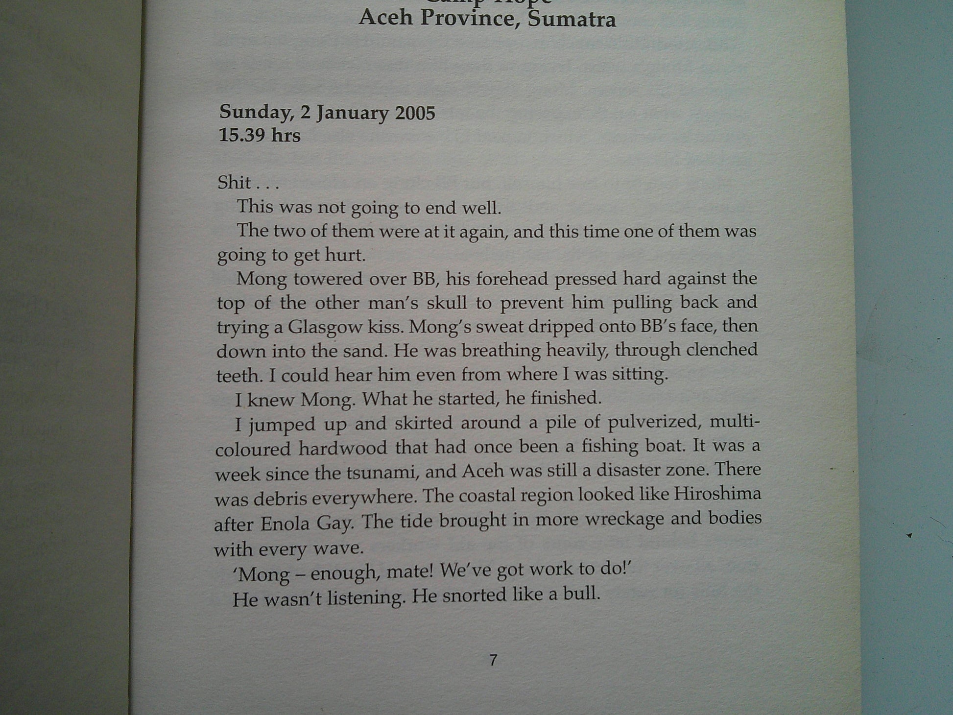 Page from used Andy McNab thriller set in Aceh Province, Sumatra detailing intense events