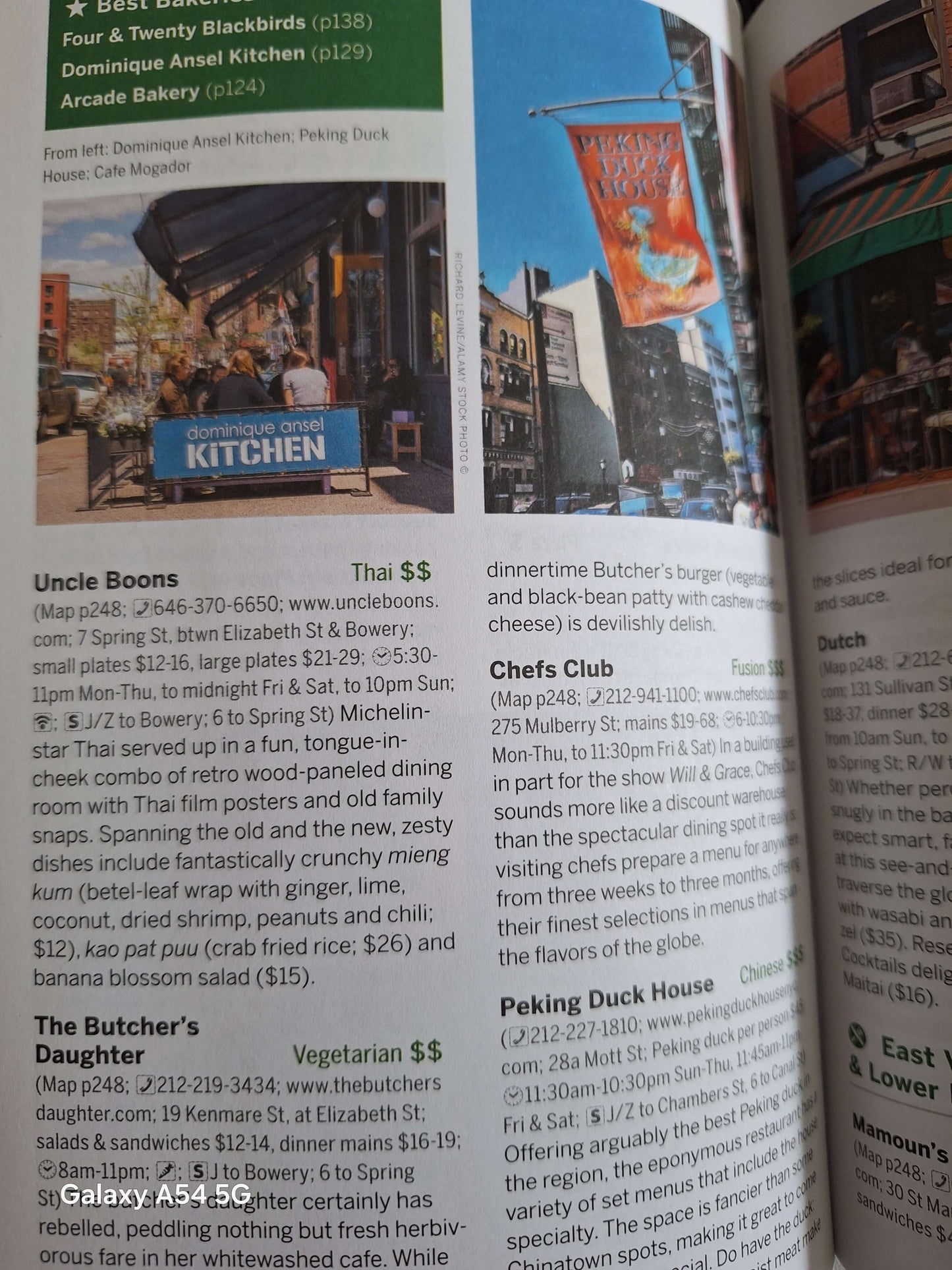 Inside page of a used Lonely Planet NYC guidebook showcasing dining options in New York City