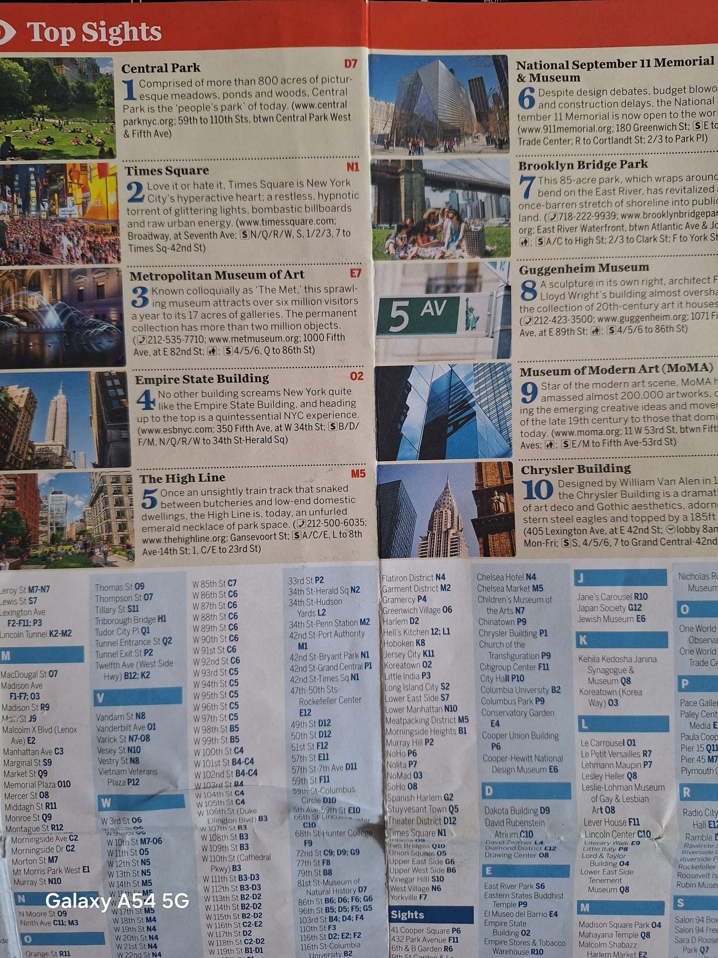 Guidebook page for top sights in New York City to buy used Lonely Planet NYC