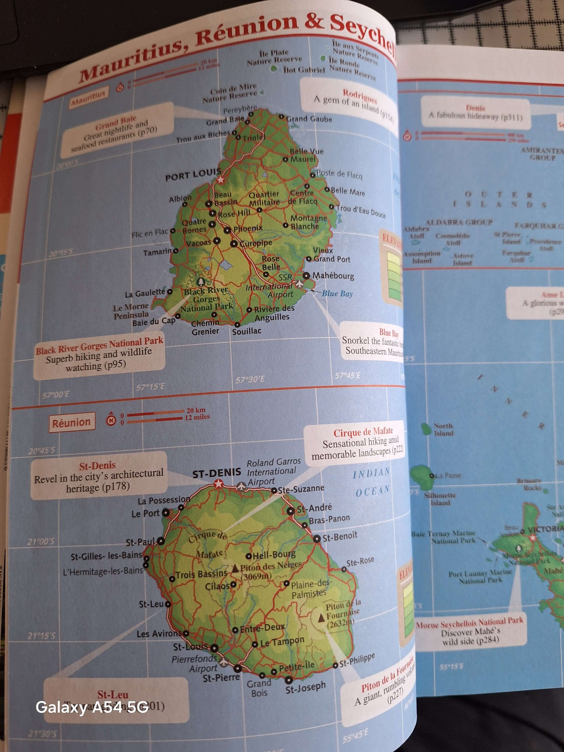Map from a cheap guidebook for Mauritius and Seychelles showing detailed locations and attractions