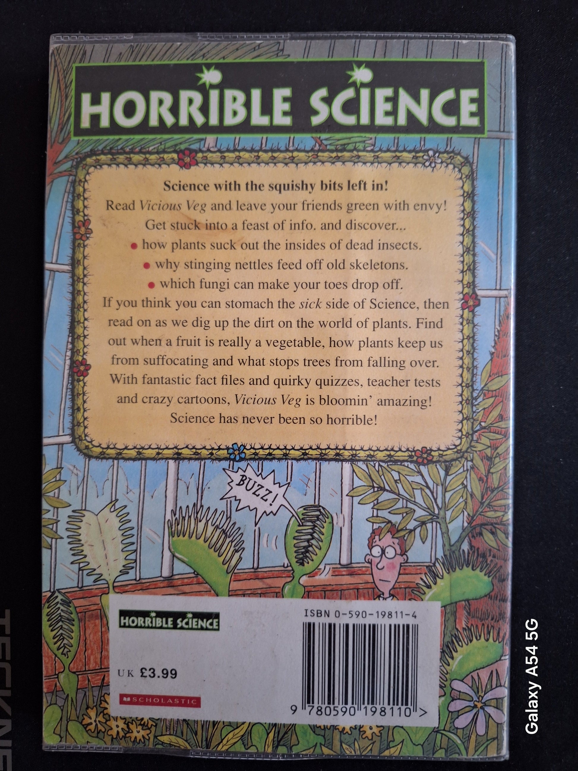 Back cover of Horrible Science Vicious Veg book with plant and insect illustrations and science facts