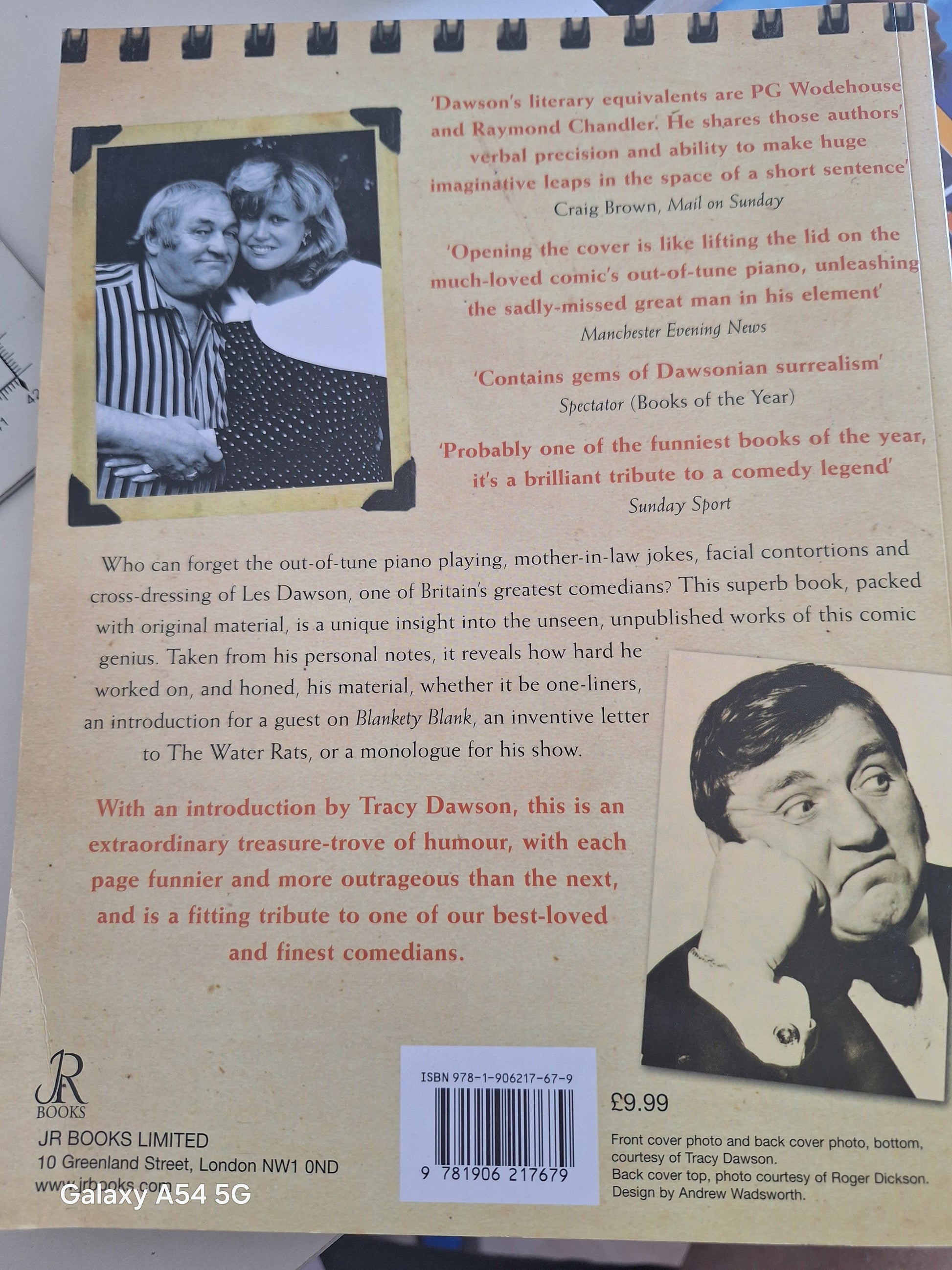 Les Dawson Secret Notebooks book back cover featuring reviews and an introduction by Tracy Dawson