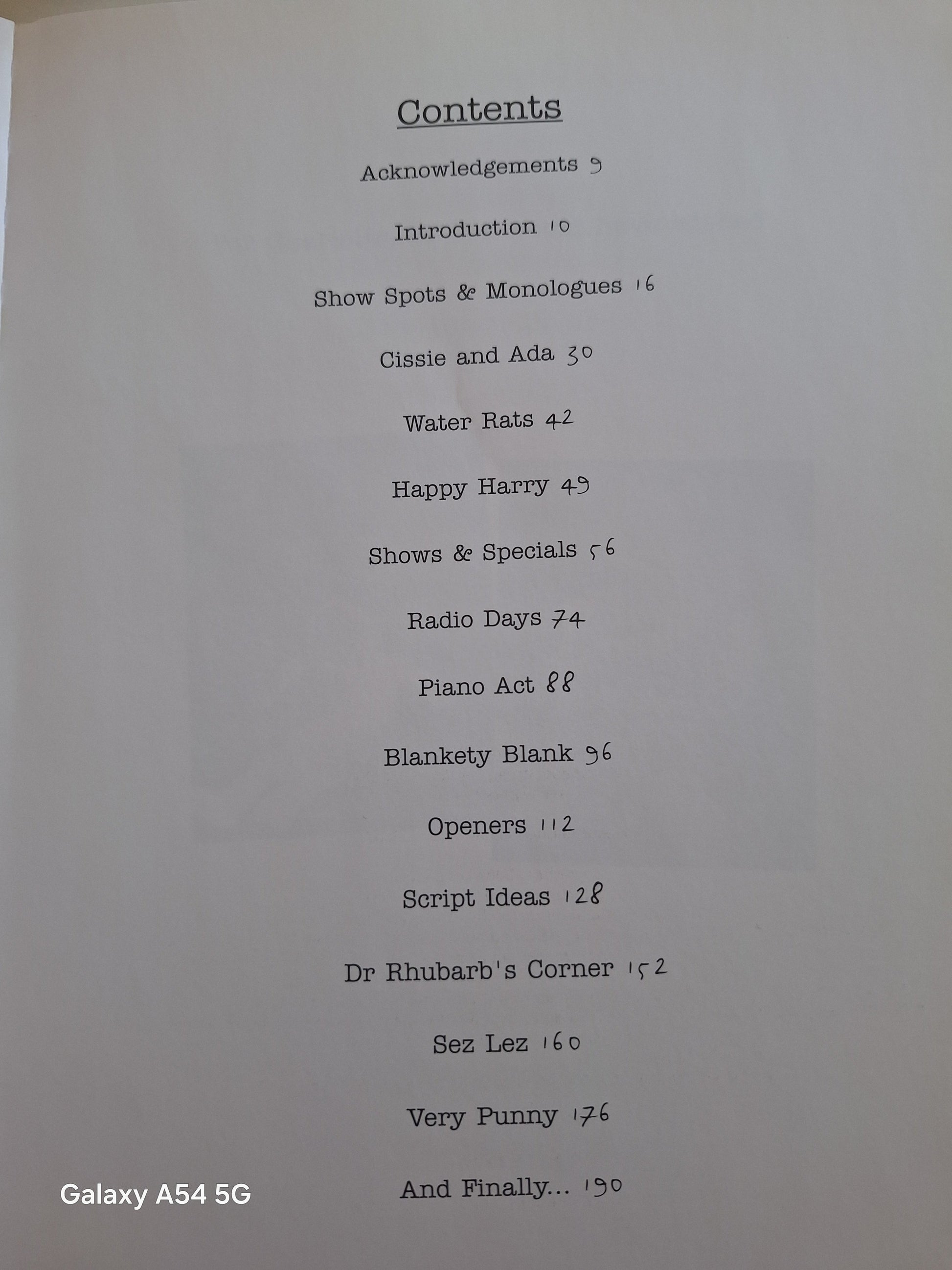 Table of contents for the Les Dawson Secret Notebooks book showcasing sections and page numbers