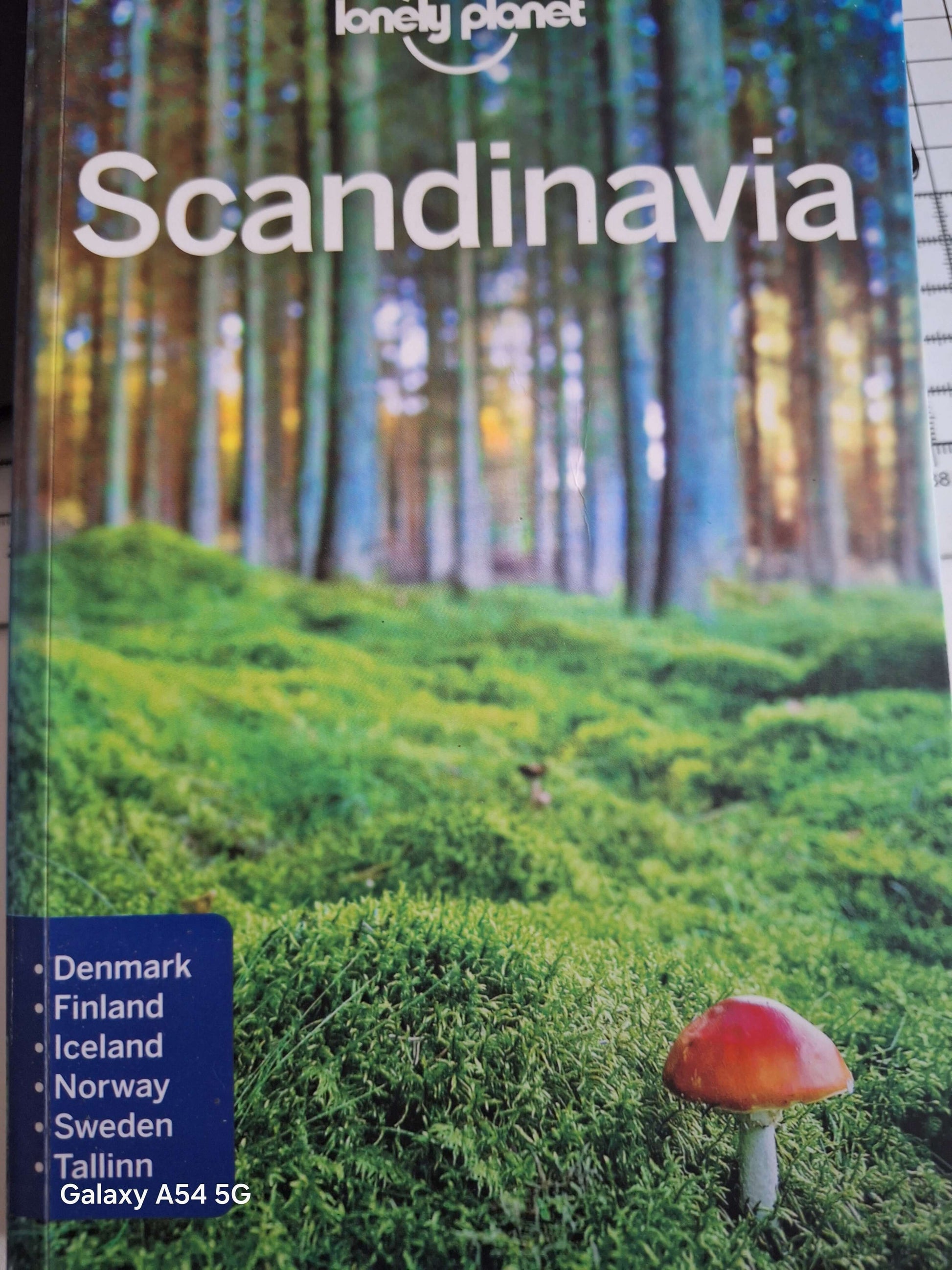 Scandinavia Lonely Planet guidebook cover featuring a forest landscape and mushroom.