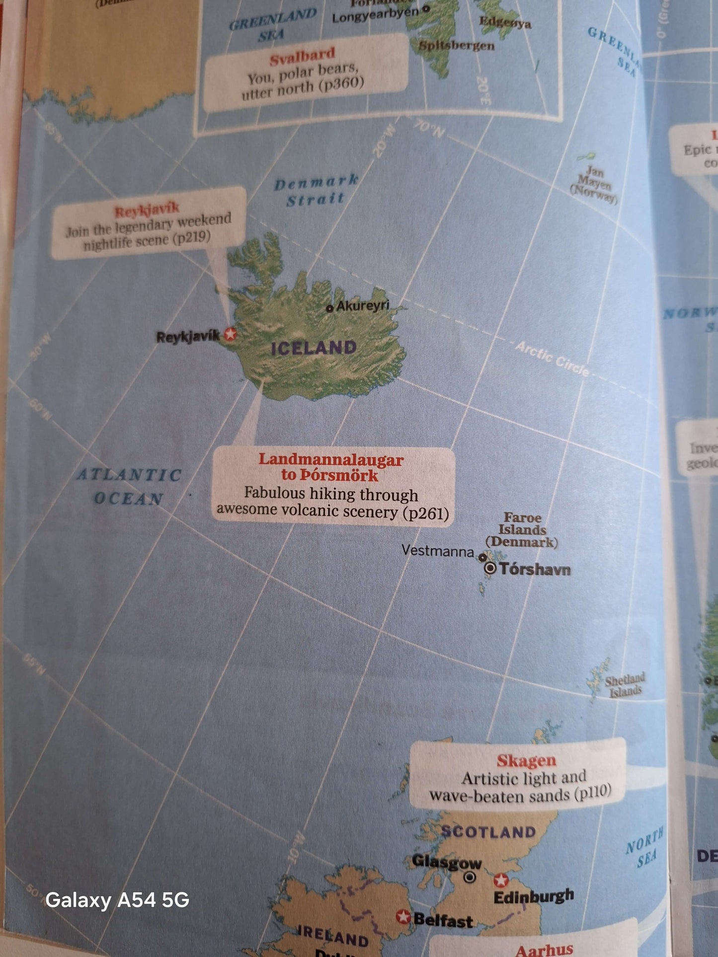 Map of Iceland highlighting Landmannalaugar and Skagen, featured in the Scandinavia Lonely Planet guidebook.