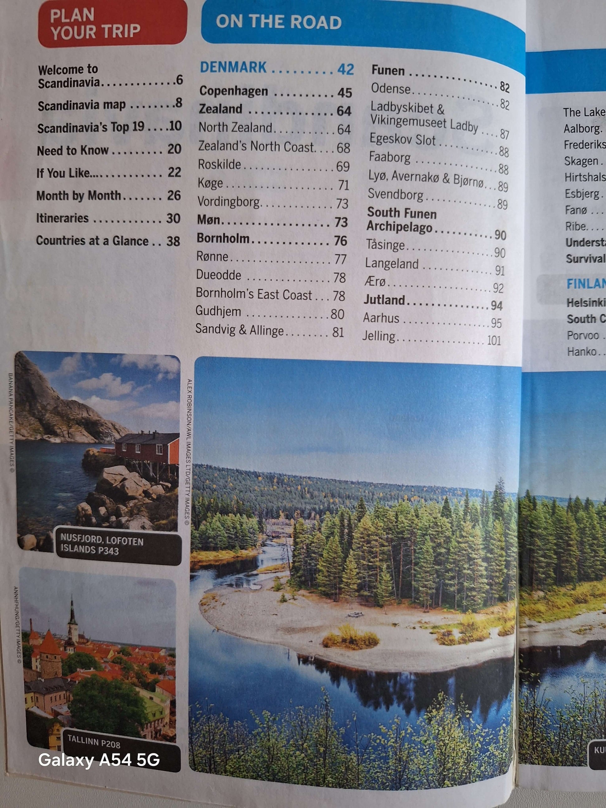 Scandinavia Lonely Planet guidebook page featuring Denmark travel information and stunning landscapes.
