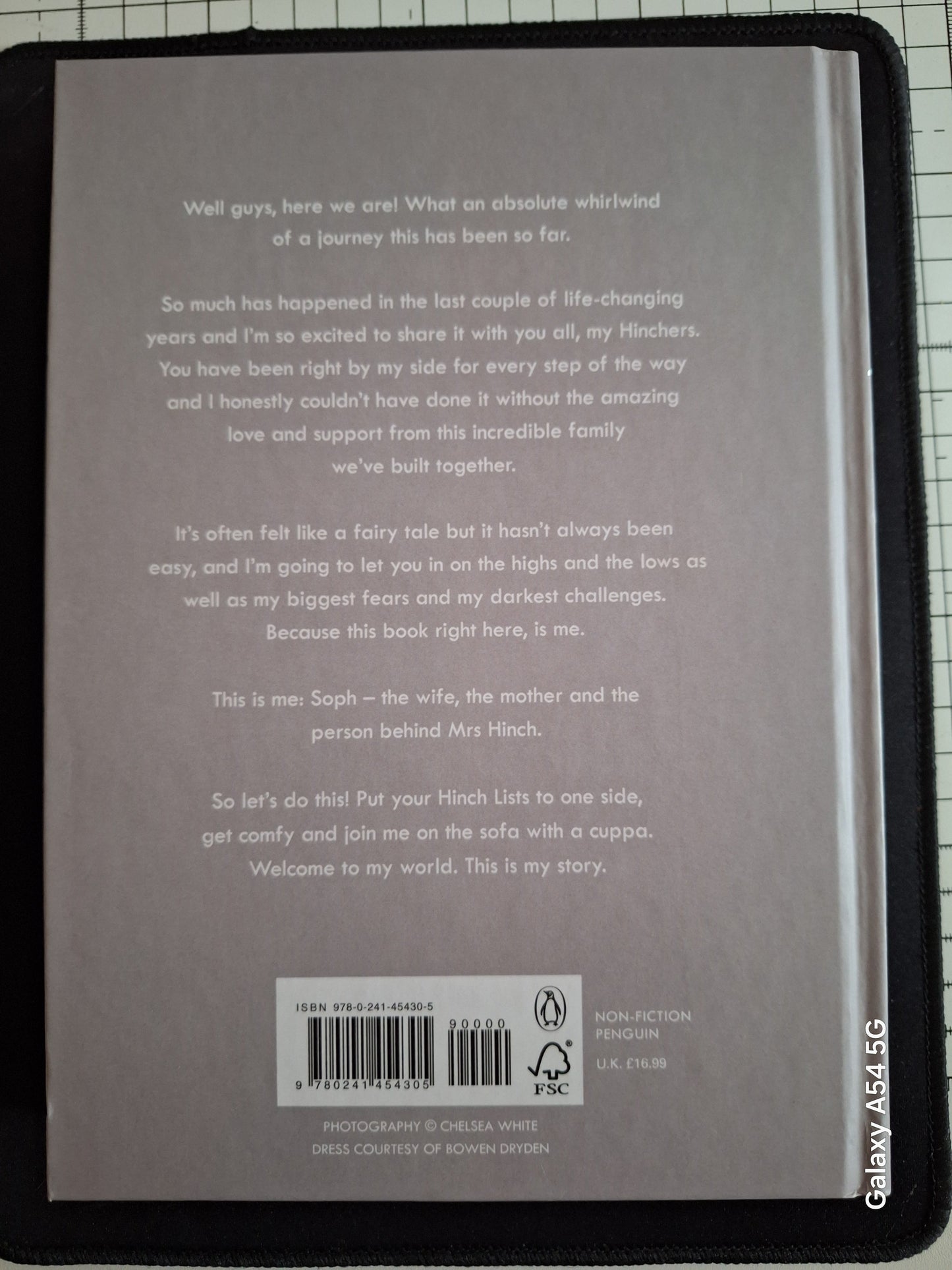Back cover of Mrs Hinch memoir book with a personal message and barcode from Slightly Read Books