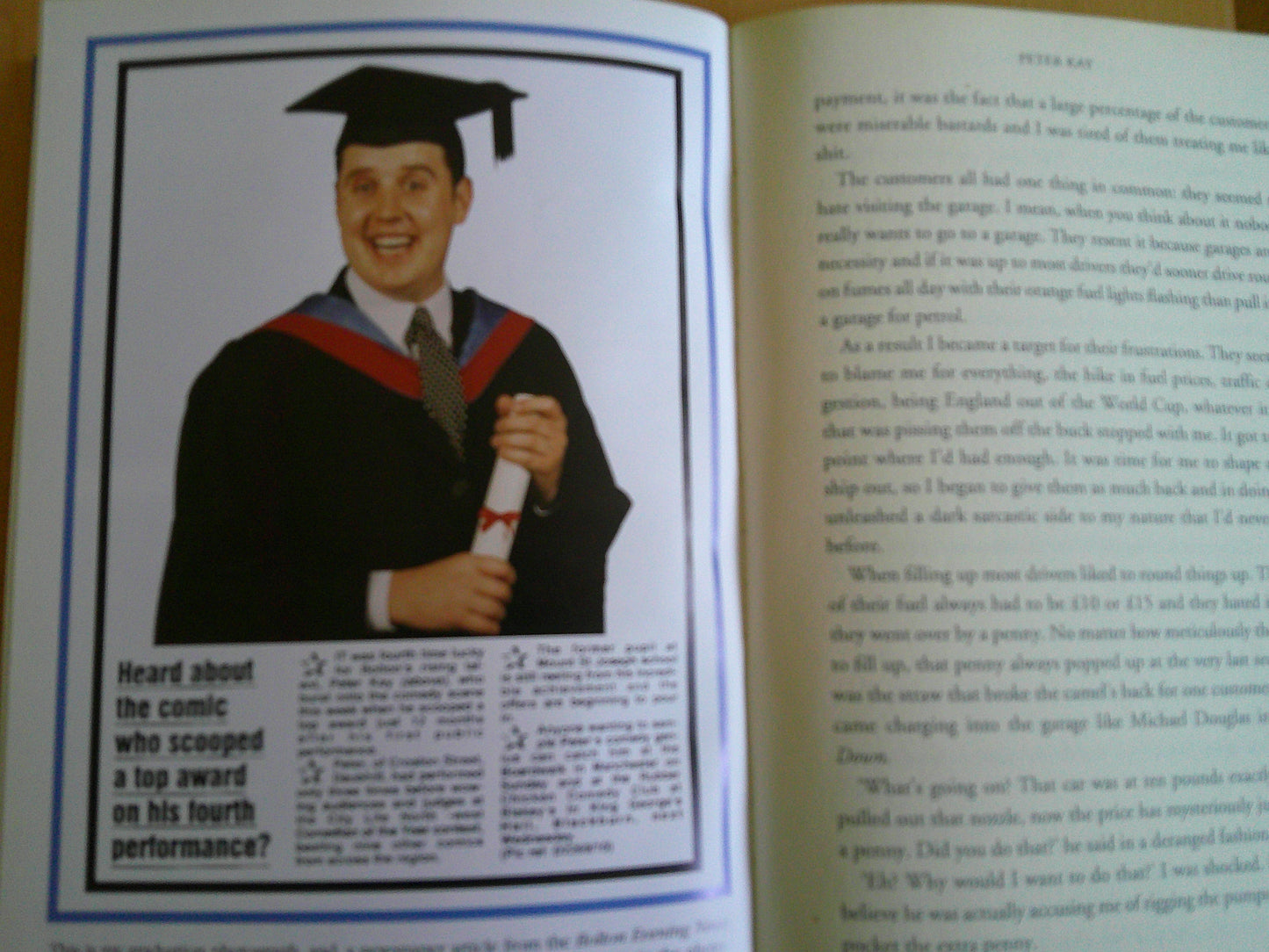The Sound of Laughter by Peter Kay featuring a smiling graduate holding a diploma in a book excerpt