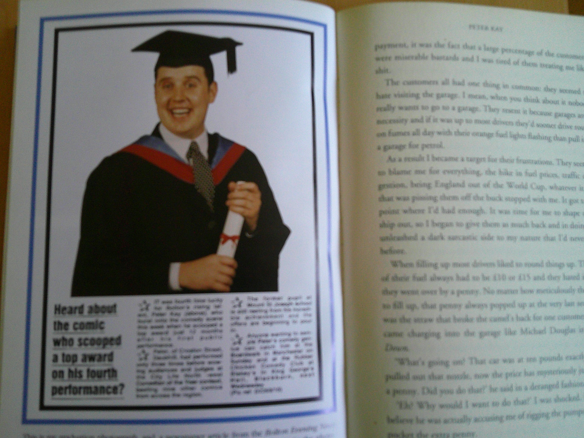 The Sound of Laughter by Peter Kay featuring a smiling graduate holding a diploma in a book excerpt