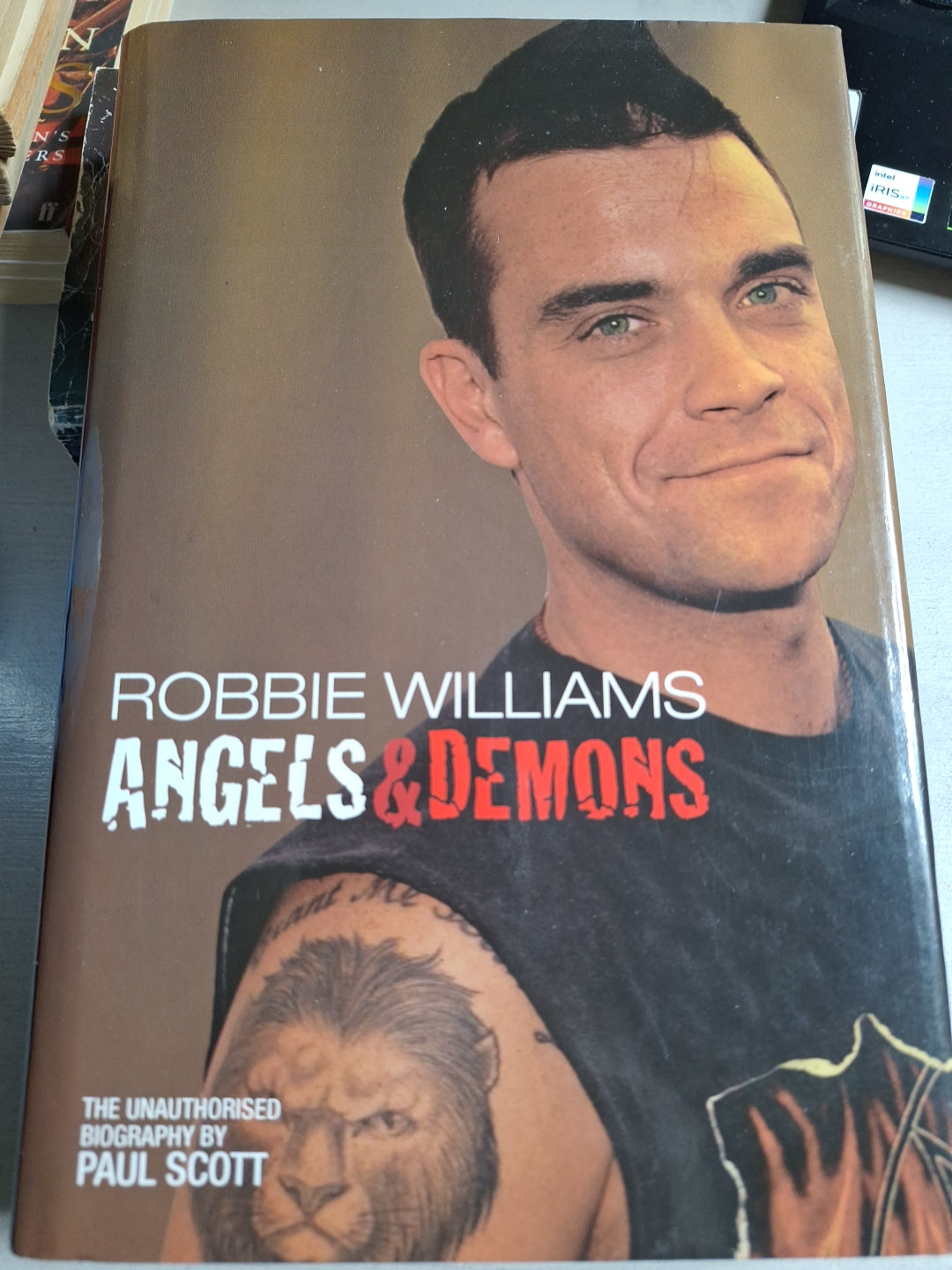 Robbie Williams book hardcover titled Angels and Demons with a close-up portrait of Robbie Williams on the cover