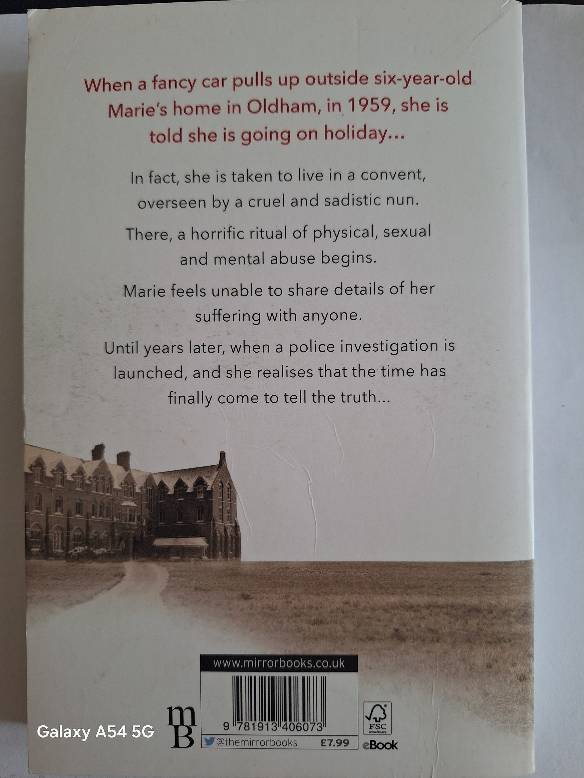The Convent true story book back cover featuring a summary of Marie's troubling childhood experience