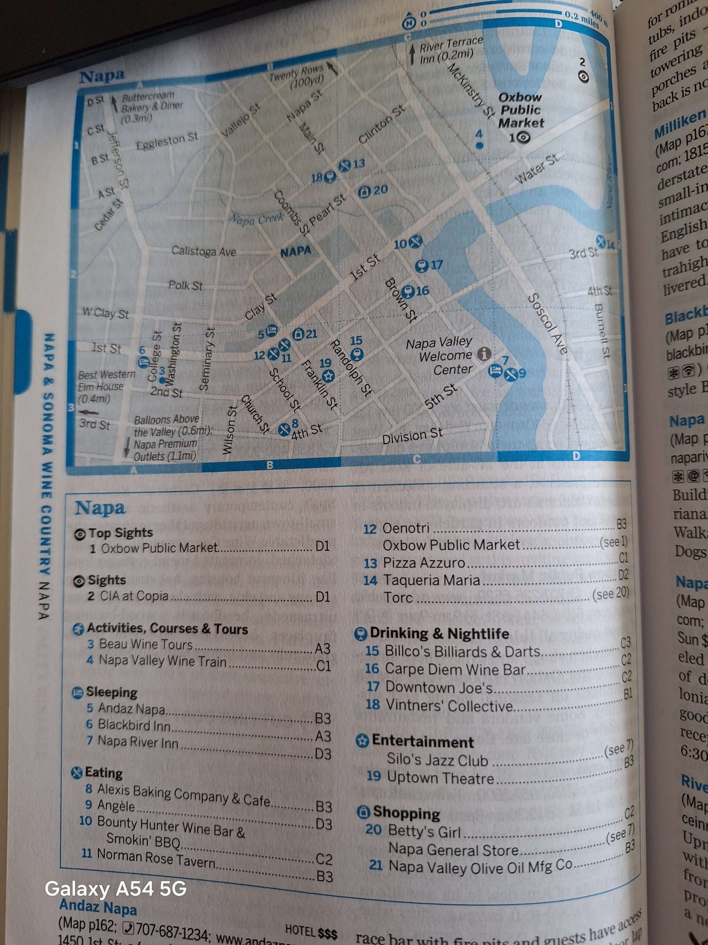 Detailed map of Napa from a used California travel guide UK with key sights and activities marked