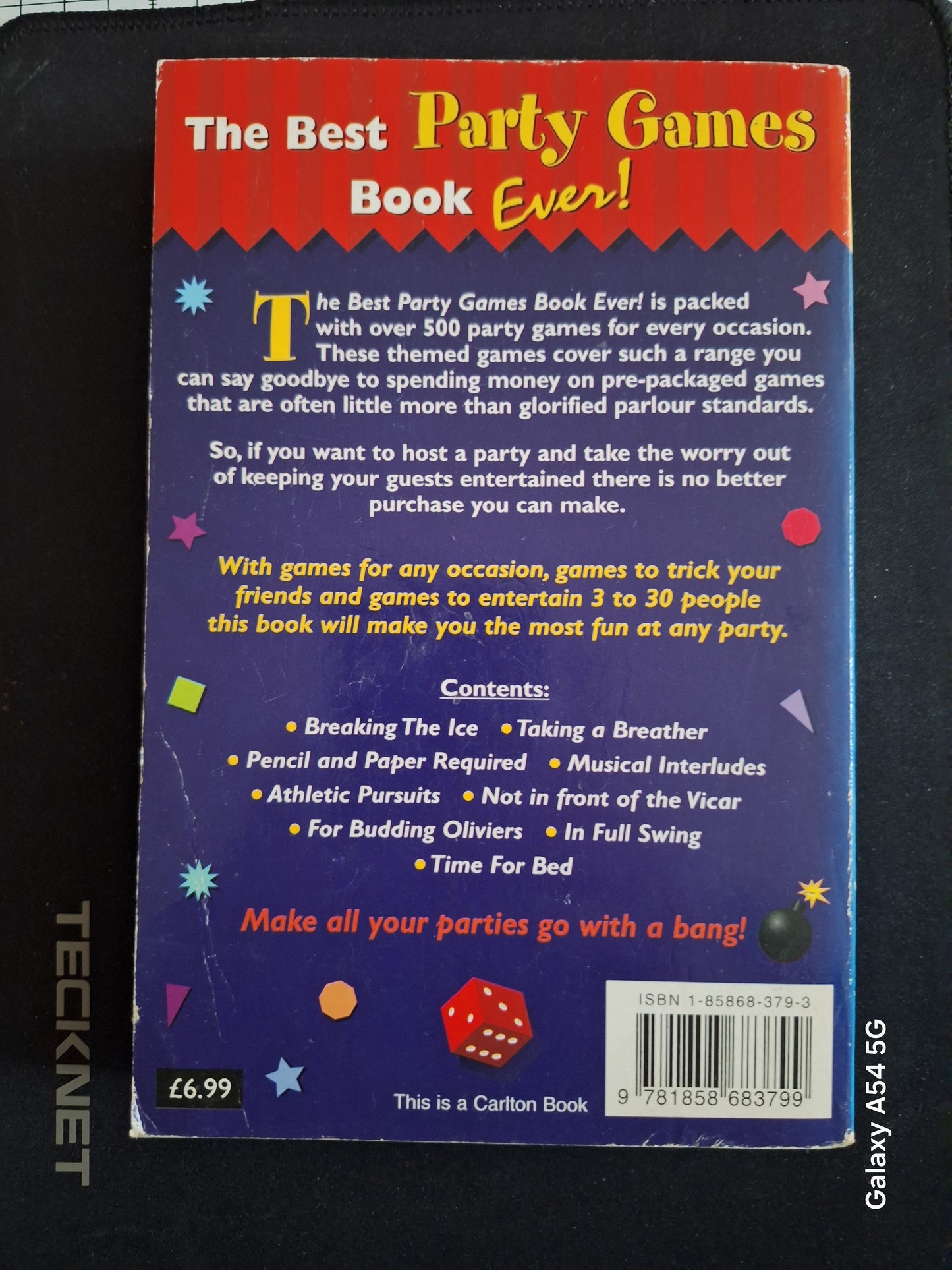 Back cover of a used party games book by Slightly Read Books featuring over 500 games for parties